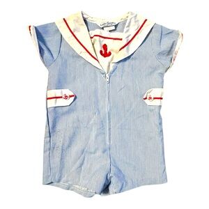 Vintage Boy Nautical Striped Sailor Romper 12 Months Zip Up Button Yoke